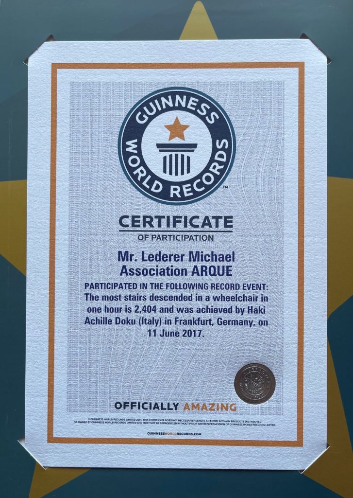 Ein Weltrekordzertifikat von GuinnesWorldRecords für Michael Lederer