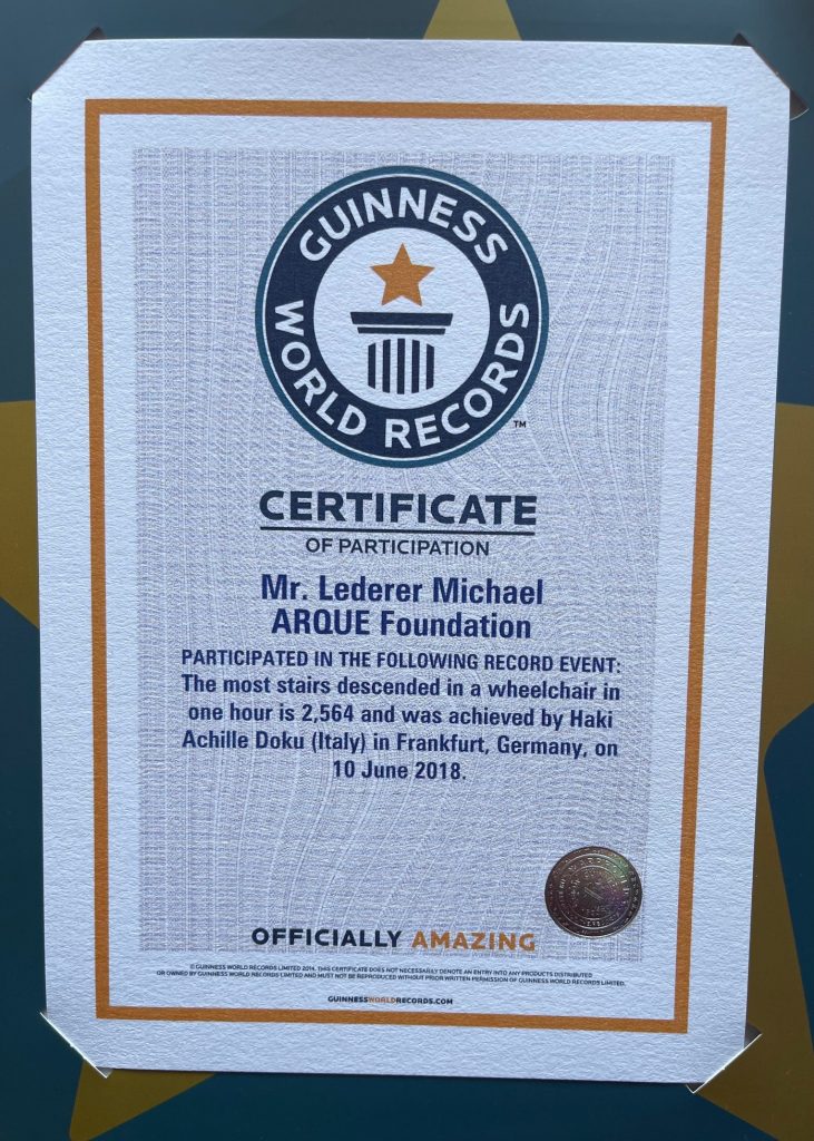 Ein Weltrekordzertifikat von GuinnesWorldRecords für Michael Lederer
